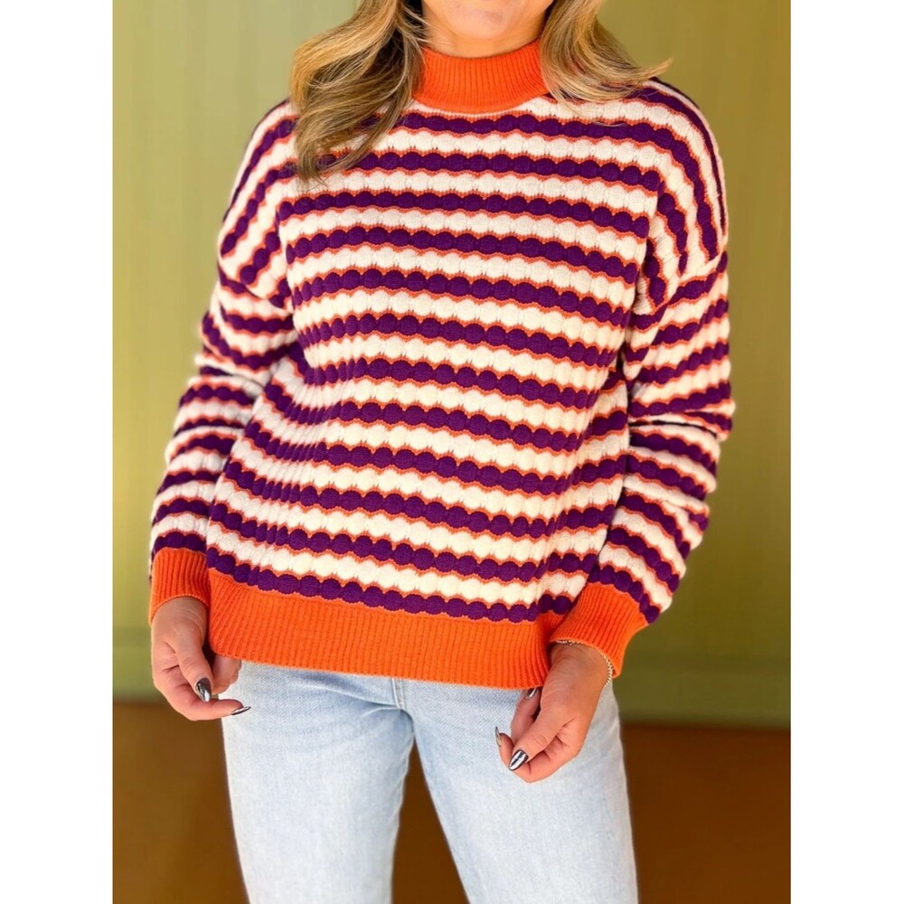 THML Womens Orange White Purple Striped Bubble Knit Turtleneck Sweater Size Med